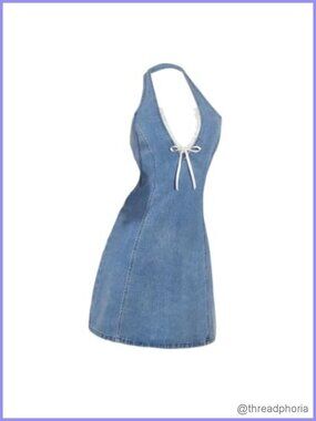 Y2K Bow Halter Mini Denim Dress Lace Trim Sleeveless Open Back